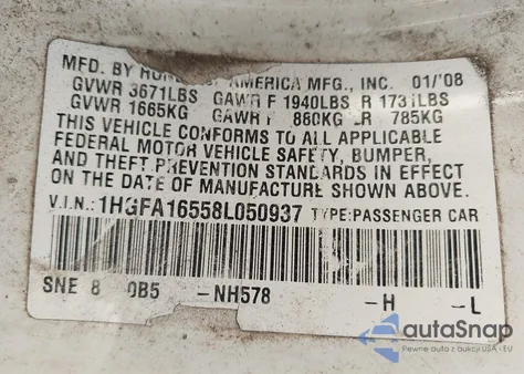 2008 Honda Civic Lx из США, поврежденный, VIN 1HGFA16558L050937